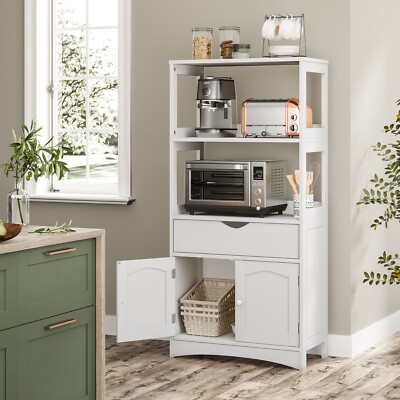 White Kitchen Pantry Sideboard Storage Cabinet with Drawer Microwave Space