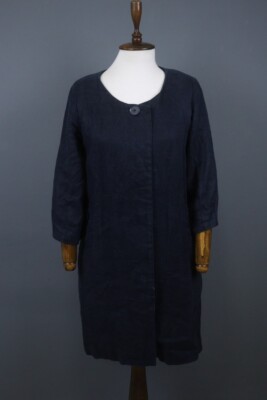 Toast Navy Hemp Button Front Pintuck Detail Round Neck Shift Dress Size 10