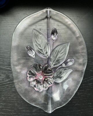 Beautiful Springy Easter Summer Miksa Glass 3D Purple Pink Flower Platter