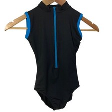 Eurotard Girls Mock Neck Leotard Black Turquoise INT Lycra Sleeveless Front Zip