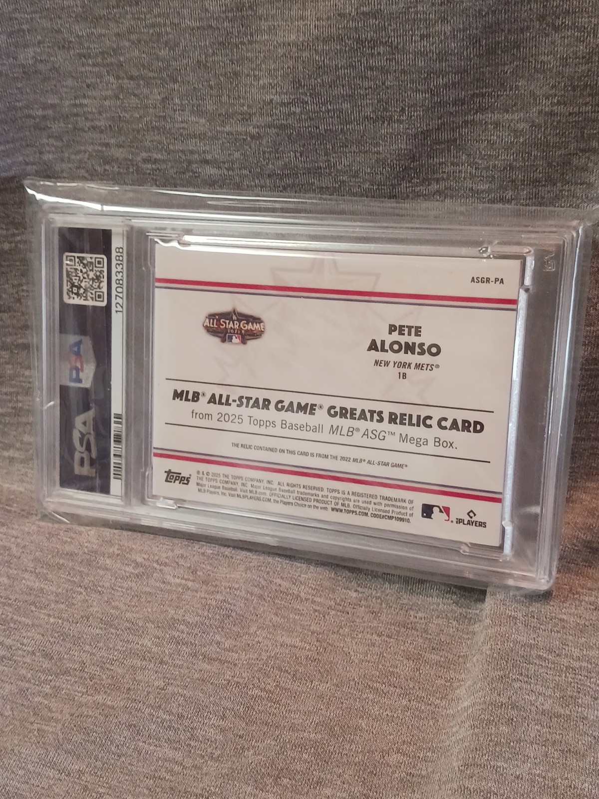 2025 Topps - All-Star Pete Alonso #PA platinum foil 1/1 PSA 7 Game Worn relic view 2