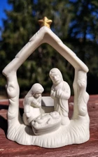 Bisque Ceramic Nativity Manger Scene Tea light Holder 