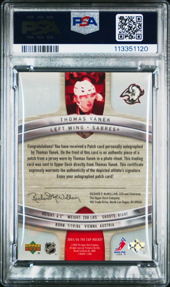 2005-06 UD The Cup Thomas Vanek RC RPA Auto Patch /199 (3xColor) PSA 9 POP 2 - Image 2 of 2