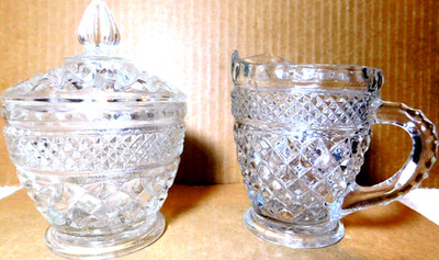 Anchor Hocking~Wexford Sugar & Creamer Set Diamond Cut Crystal Glass Vtg.