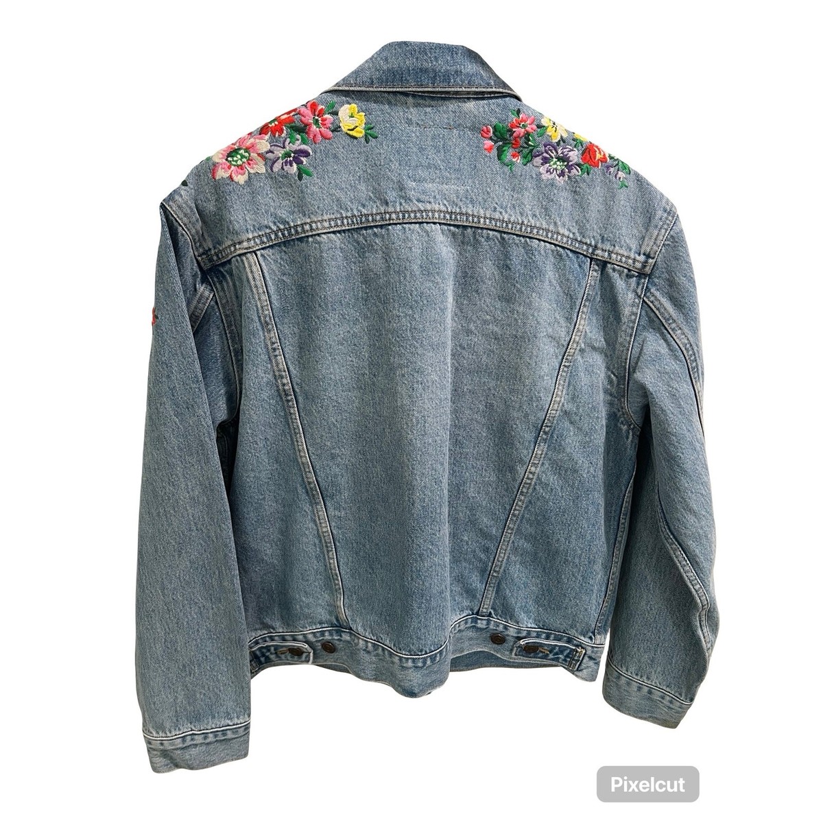 Levi’s Premium Floral Embroidered Denim Trucker Jacket Women’s L Blue Jean Coat View 4