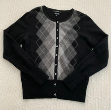 Apt. 9 100 Cashmere Button Up Cardigan Sweater Womens L Black/Grey Argyle