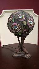 Tiffany Style Peacock Stained Slag Glass Table Lamp Dolphin Base Orb Dome Shade