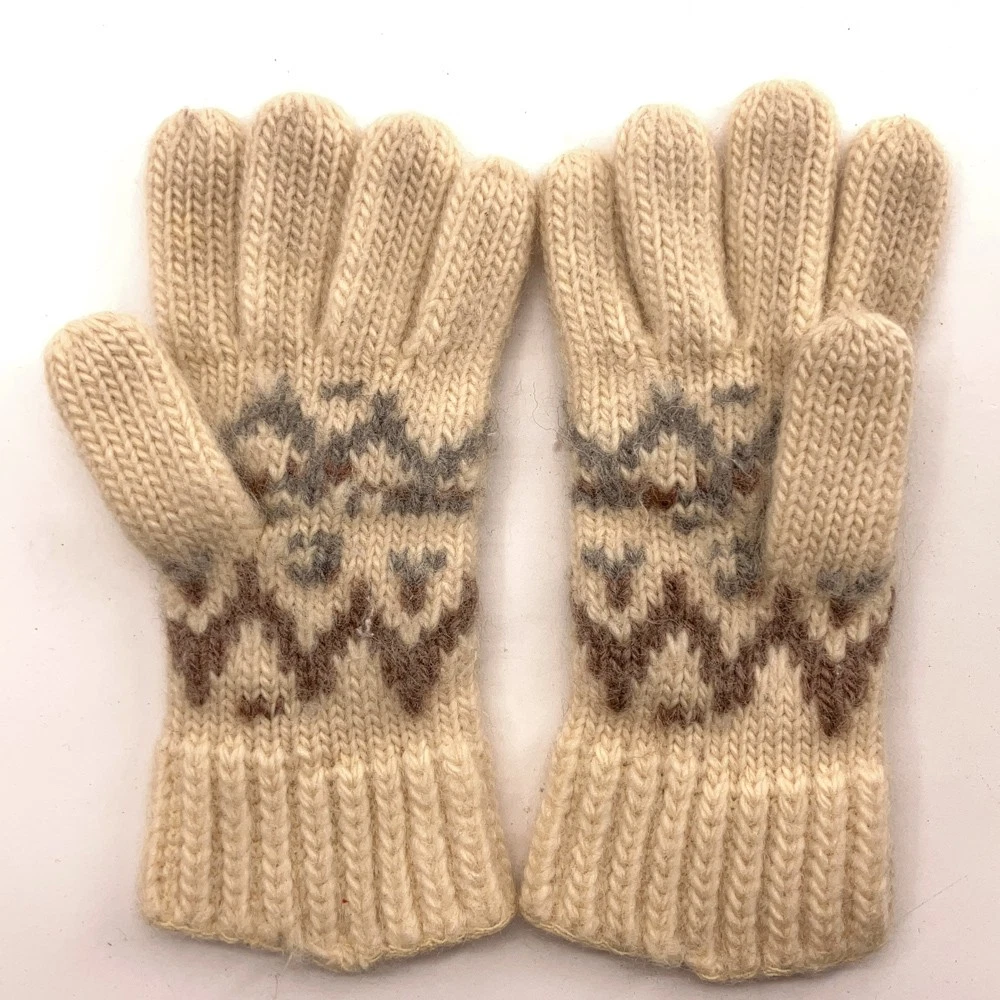 Knit Ivory Winter Gloves Gray Brown Lone Pattern