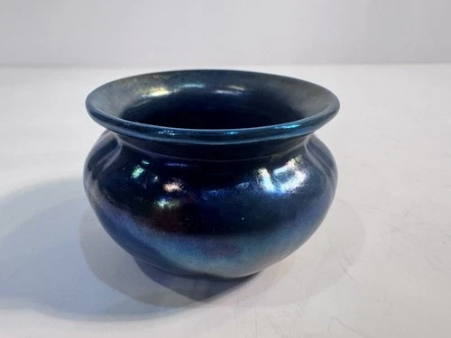 Antique Carder Era Steuben Dark Blue Aurene Ribbed Salt Cellar Small Bowl Superb