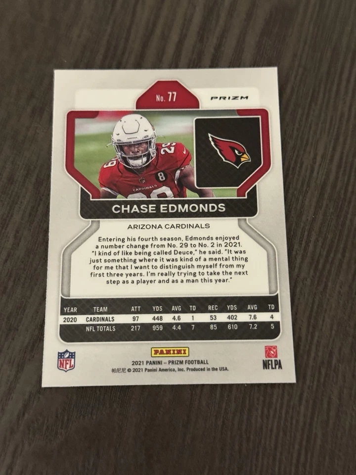 2021 Panini Prizm Black & White Checker Checkerboard Prizm SP #77 CHASE EDMONDS - Image 2 of 2