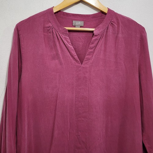 J. Jill Silk Split V Neck Shift Shirt Dress Pink Long Roll tab Sleeve Women Sz L - Picture 14 of 18