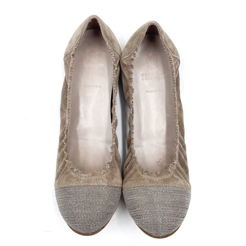 Brunello Cucinelli Ballet Pisos Taupe Gamuza Cuero Puntera Italia Talla 38.5 / 8.5 Foto 3 de 4
