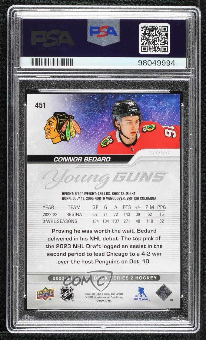 2023-24 Upper Deck Series 2 Young Guns Connor Bedard #451 PSA 8 Rookie RC 01g1 view 2