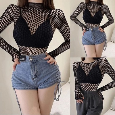 4) Hollow Fishnet Mesh Tops Sexy for Slim Fit Fashion for Women with Long