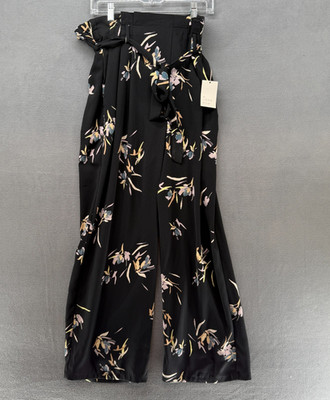 A New Day Paperbag Pants Womens Large Black Cream Floral Print Elastic Waist NWT