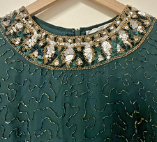 A.J Bari Size 10 Vintage Beaded Cocktail Mini Dress Dark Green Silk Shoulder Pad