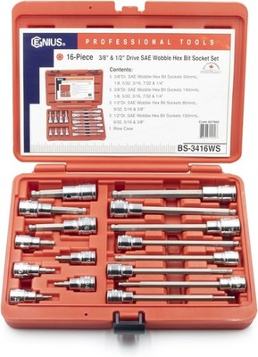 16 Piece 3/8'' & 1/2'' Dr. SAE Wobble Hex Bit Socket Set BS-3416WS