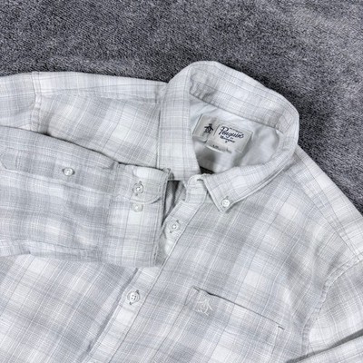 Original Penguin Mens Grey White Plaid Button Down Shirt Long Sleeve Size L L/G