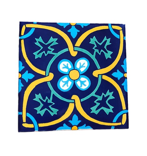 Talavera Style Hand painted Ceramic Tile Blue Yellow Green Floral 6 x 6