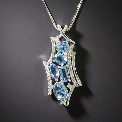 2Ct Multi Cut Lab Created Aquamarine Cluster Pendant 14 White Gold Plated Silver