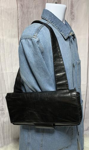 Tano New York Polished Black Leather Shoulder Unique Front Flap Magnetic Snap