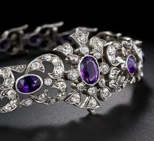 Antiguo Brazalete Brillante Antiguo Corte Mina 8.CT Amatista y Diamantes Blancos Plata 925 Foto 3 de 4