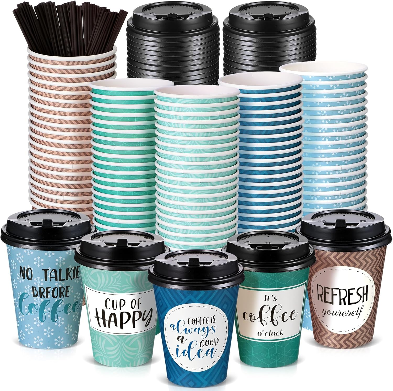 100 Pack Disposable Coffee Cups with Lids and Straws, Motivational Paper Cups wi