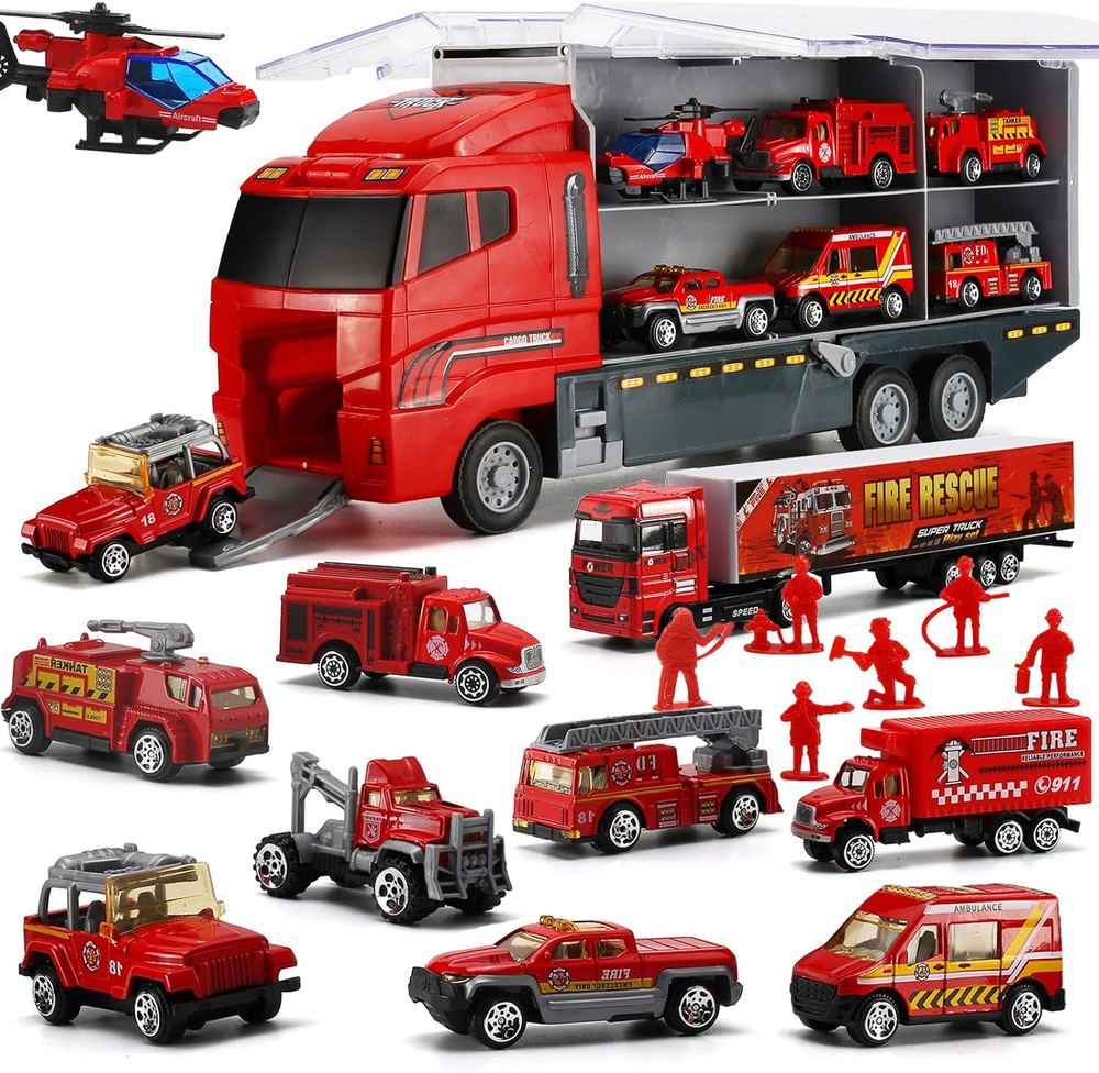 19 Pcs Fire Truck with Firefighter Toy Set, Mini Die-Cast Fire Engine Car in Car