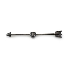 Industrial Barbell with Heart Design and CZ Gem 14G Black IP