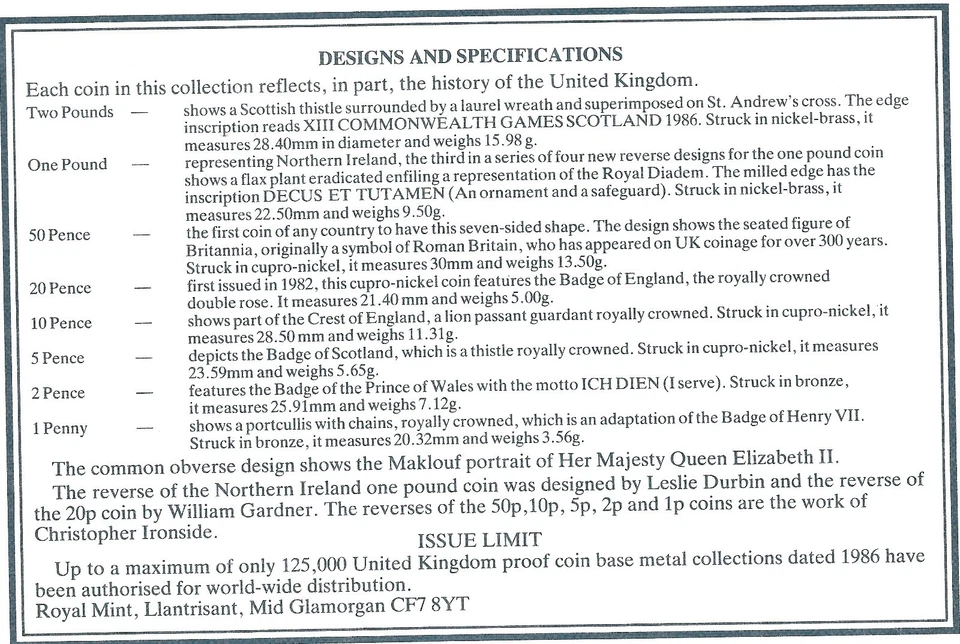 1986 Great Britain 8 Coin 2 Page C.O.A. Document Set~Free Shipping - Image 2 of 2