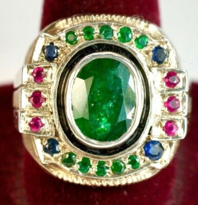 925 St. Silver Ring, With Oval 11x8 mm 2.5 Ct. Emerald & Rubies, Size W