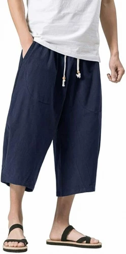 Pantalones capri holgados harén calce suelto cintura elástica 3/4 algodón lino para hombre - Imagen 8 de 24