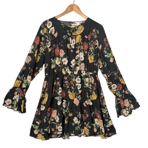 H&M Mini Dress Women Size 14 Black Floral Print Bell Sleeve BOHO Festival