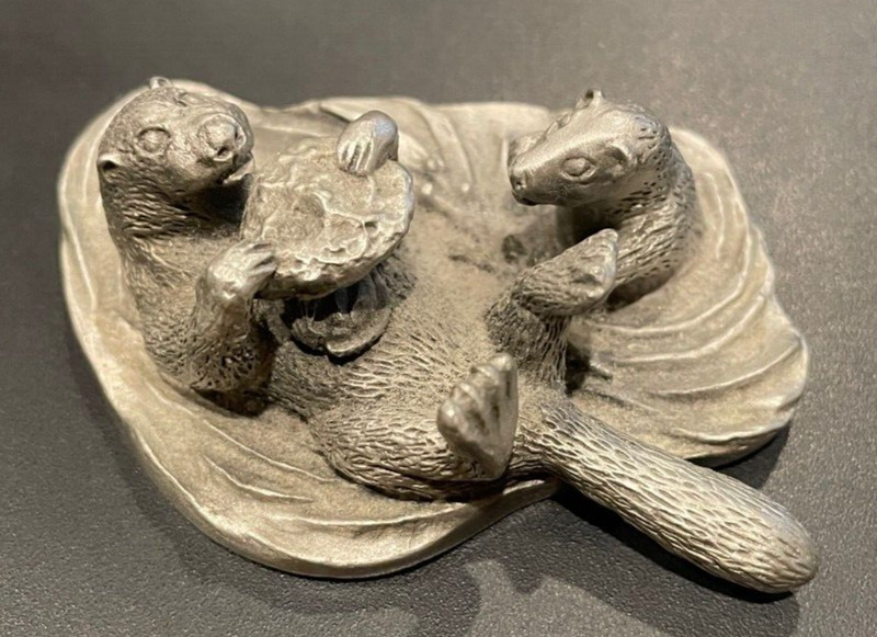 Vintage Fine Pewter Otter on Back with Baby by James Jewelers (1984)