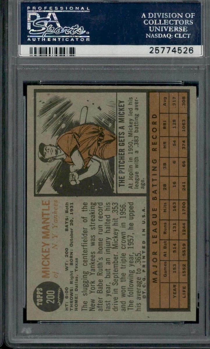 1962 Topps #200 Mickey Mantle - PSA 4 | eBay