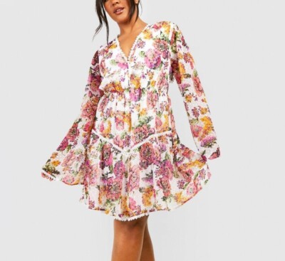 boohoo floral skater dress Blush Plus Milkmaid Woven Burnout Floral Skater Dress