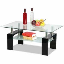 Home Office Rectangular Tempered Glass Coffee Table w/Shelf Modern Furniture US