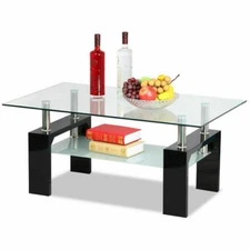 Home Office Rectangular Tempered Glass Coffee Table w/Shelf Modern Furniture US