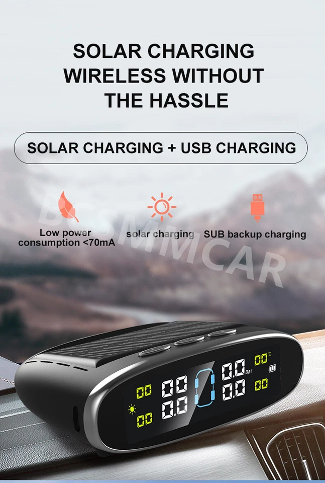 Sistema de monitor inalámbrico TPMS de presión de neumáticos de automóvil solar con sensores internos de 4 ruedas Foto 3 de 4