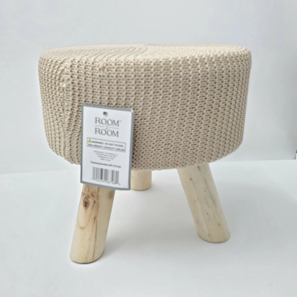 Foot Stool Round Natural Tan Boho Scandinavian Pouf Floor Ottoman Wood New 11"  - Image 2 of 4