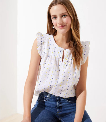 NWT Women s Ann Taylor LOFT Clip Smocked Split Neck Flutter Ruffle Top, SMALL