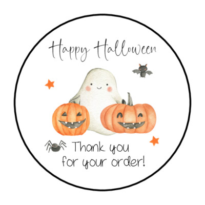30 1.5'' HAPPY HALLOWEEN PUMPKIN & GHOST, THANK YOU LABELS /SEALS ROUND STICKERS