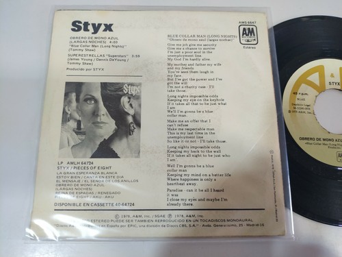Styx Blue Collar Man - Superstars 1978 AM Spain Edition Single Vinilo 7" VG/VG V - Imagen 3 de 3