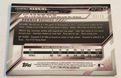 Chicago White Sox Courtney Hawkins Bowman Chrome #02 Blue Refractor Single Card - Picture 2 of 2