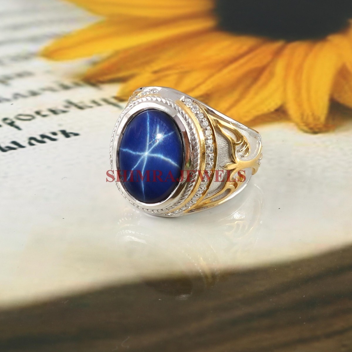 Lab Created Linde Star With 18K Gold Plated Silver Ring for Men's #962