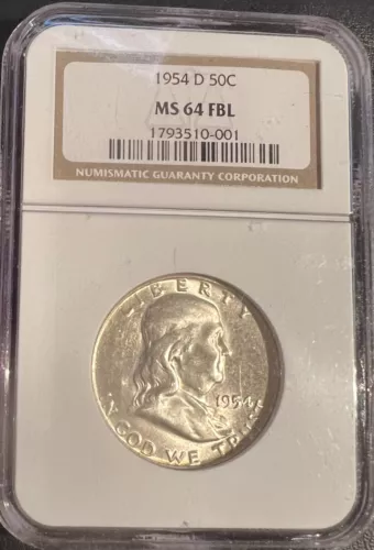 1954-D 50C Franklin Silver Half Dollar NGC MS 64 FBL