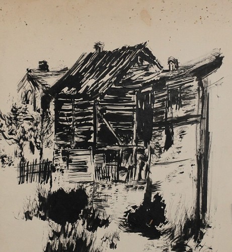 Antique ink drawing lovely old barn landscape - Picture 3 of 10