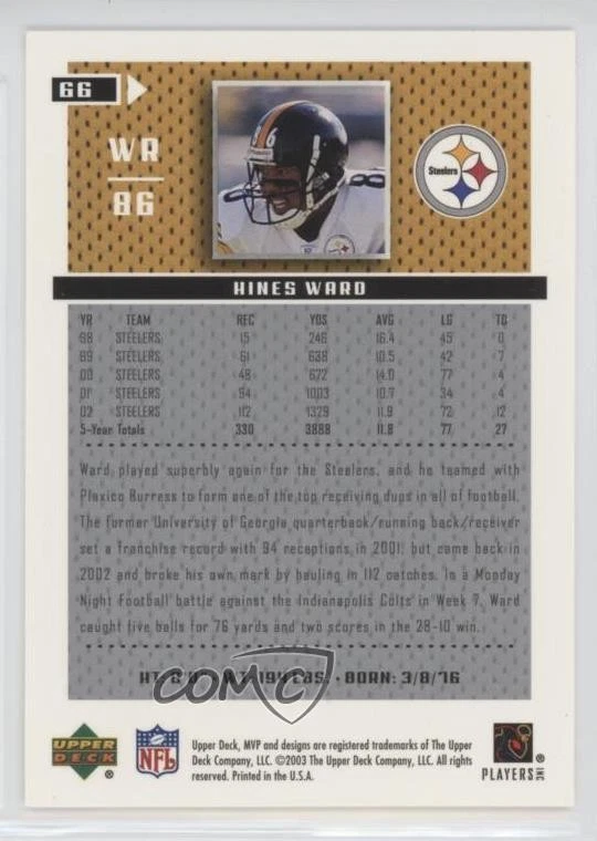 2003 Upper Deck MVP Hines Ward #66 - Image 2 of 2