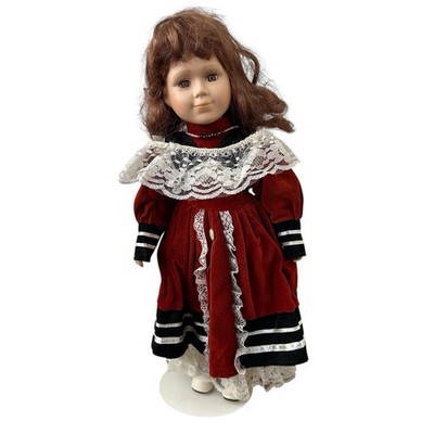 Vintage Victorian Style Girl Doll Burgundy Velvet Dress Lace Trim Collectible