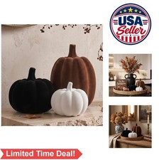 Flocked Pumpkin Set 3 Pieces Resin White Black Brown Fall Thanksgiving Decor